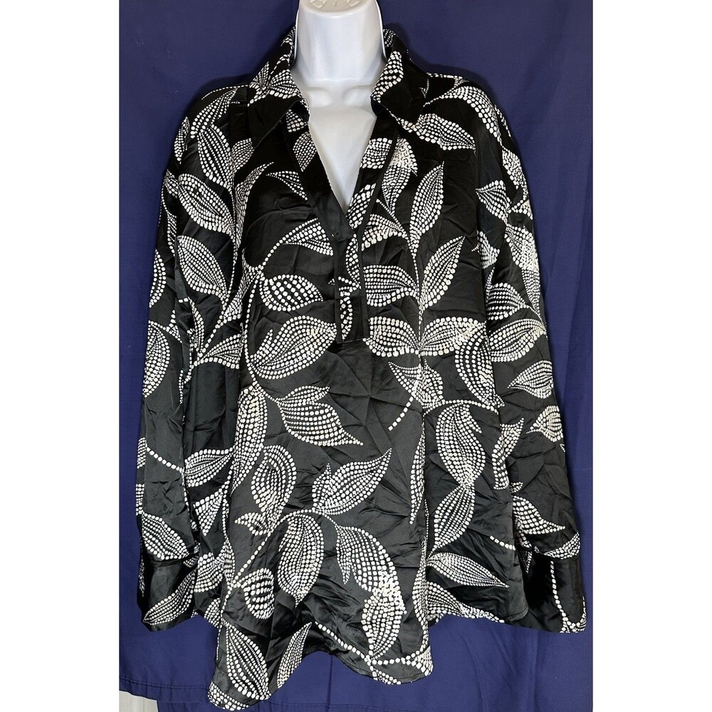 Lane Bryant 26 Tunic Blouse Black White Dotted Leaf Print V-Neck Long Sleeve XL